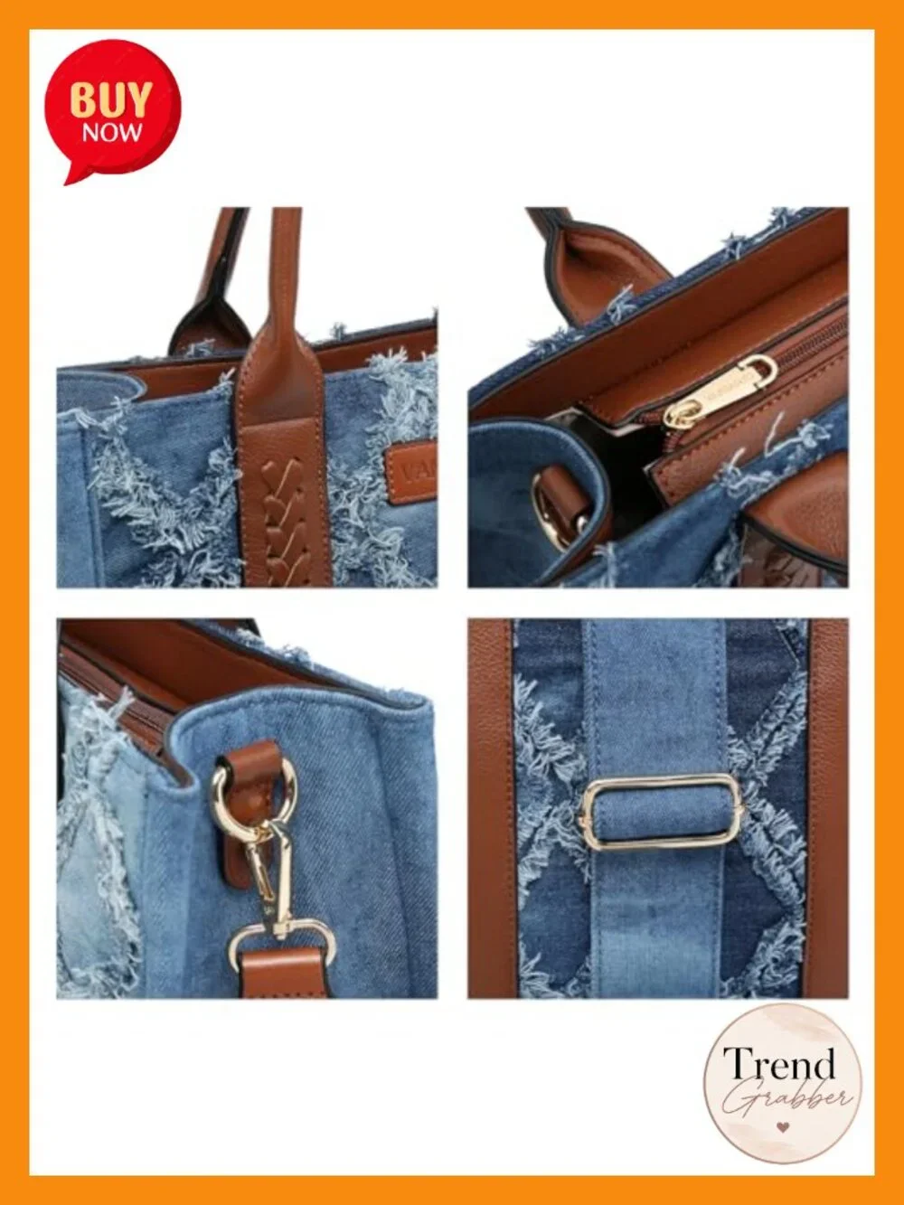 Vegan Leather Denim Tote Satchel Boho Shoulder Bag with Wristlet